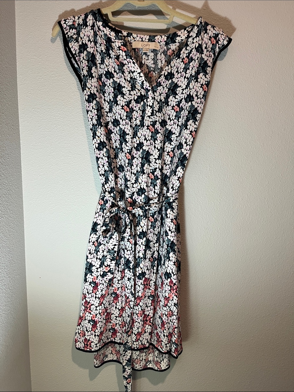 LOFT Navy Floral Tie-Waist Cap-Sleeve Dress with Pink Accents